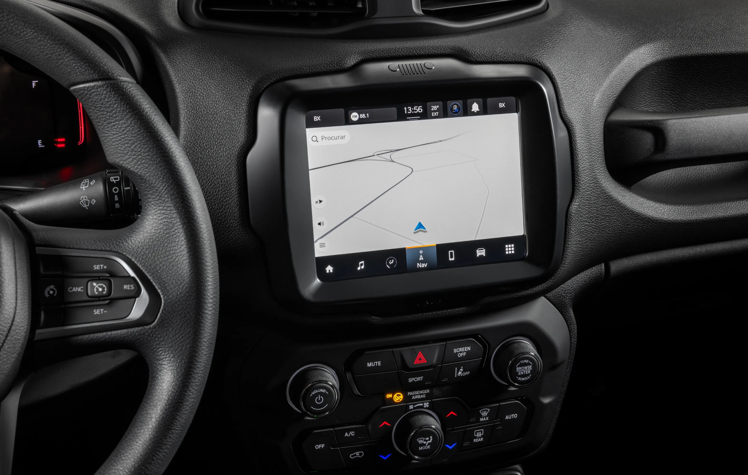Central Multimídia de até 8,4 polegadas do Jeep Renegade na tela inicial, mostrando a tela de navegação
