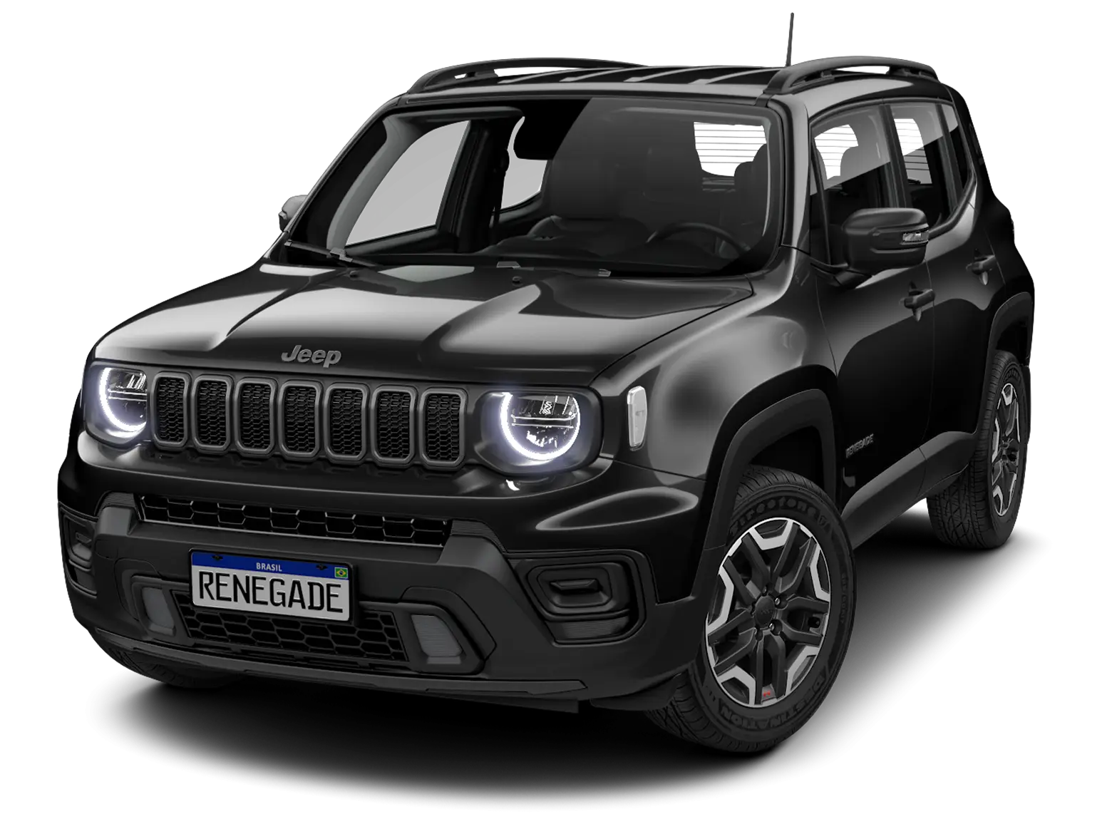 Visão frontal do Jeep Renegade Altitude na cor preto-carbon