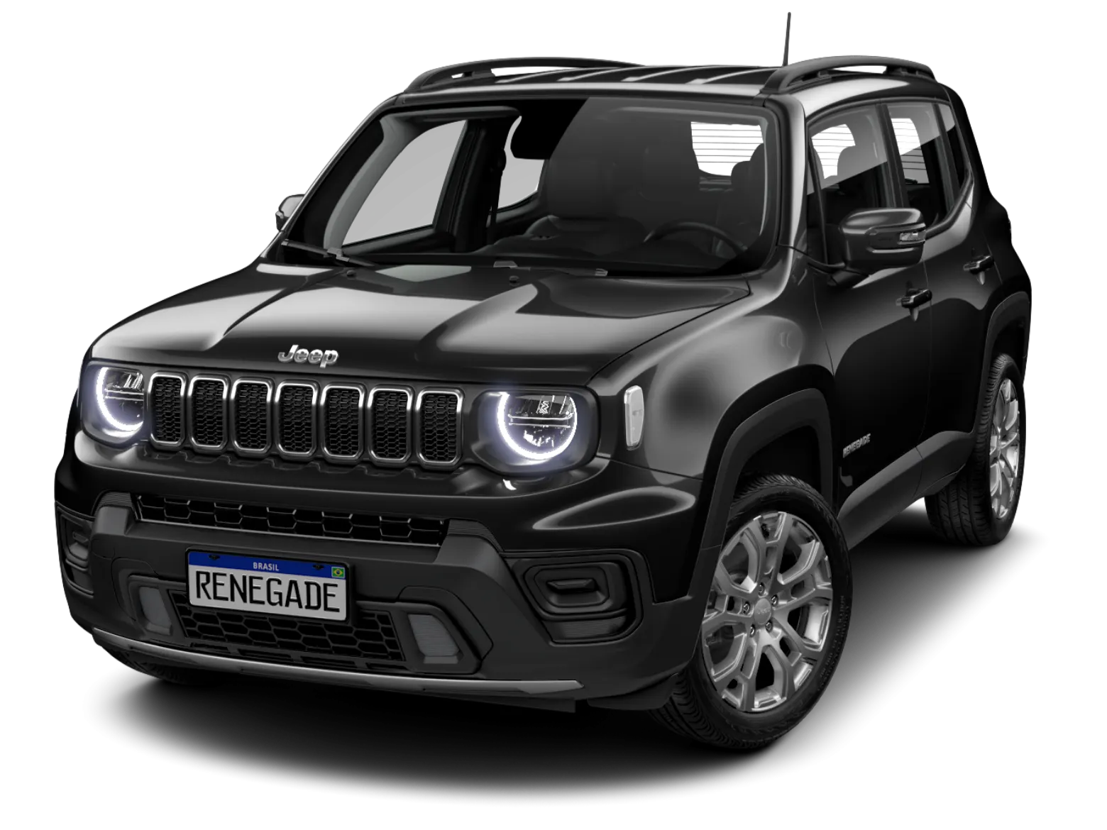 Visão frontal do Jeep Renegade Longitude na cor preto-carbon