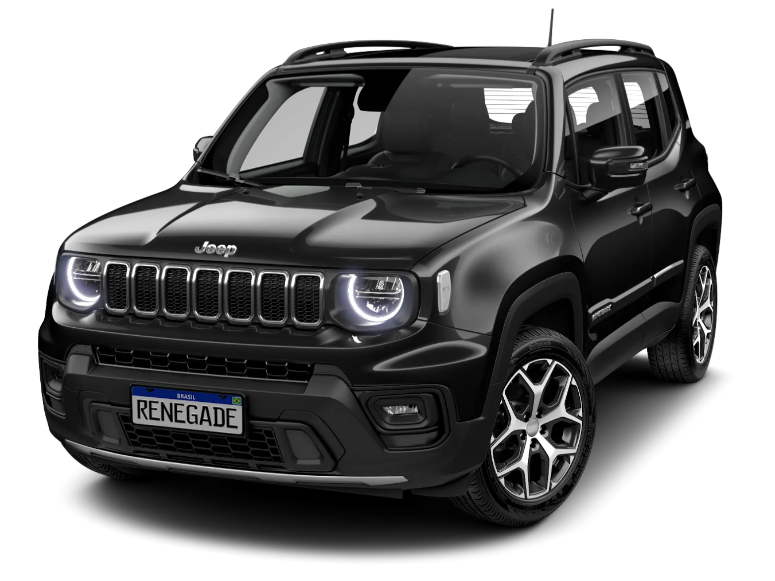 Visão frontal do Jeep Renegade Sahara na cor preto-carbon
