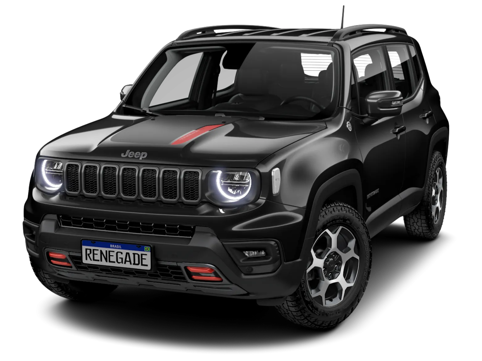 Visão frontal do Jeep Renegade Trailhawk na cor preto-carbon