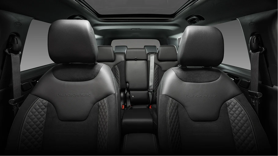 Detalhe do tapete com textura desenhando um labirinto e da área inferior do banco traseiro do Jeep Commander com acabamento escuro.