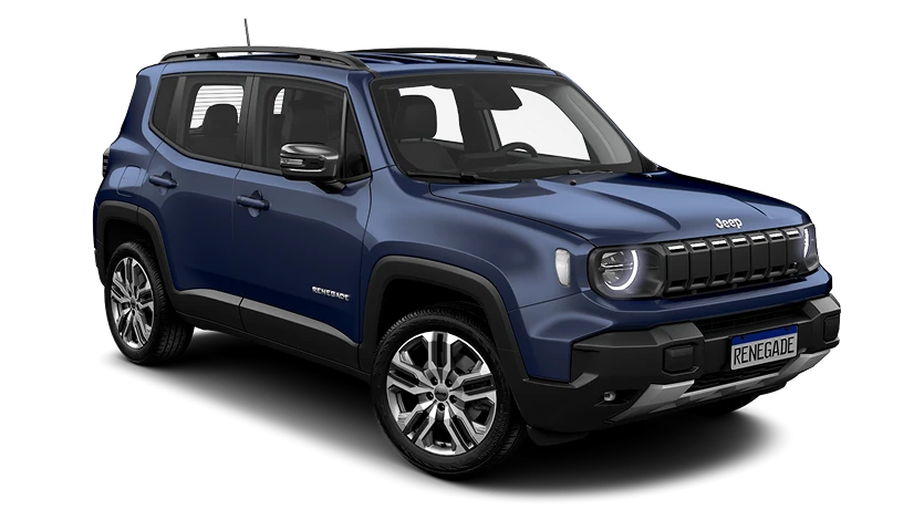 Vista frontal do Jeep Renegade Longitude MHEV azul, com rodas escurecidas e faróis em LED, sobre fundo branco.