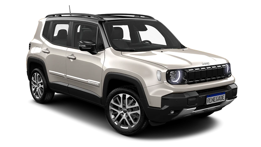 Vista frontal do Jeep Renegade Sahara MHEV branco, com grade preta e rodas escurecidas, sobre fundo branco.